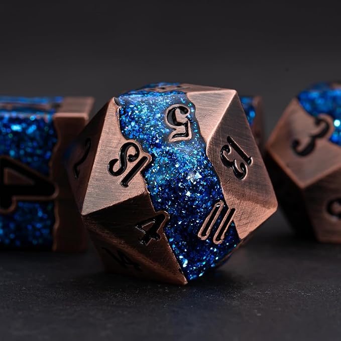 Metal DND Polyhedral Dice, Large Stripe Glitter Metallic Dice Set, Antique - Image 4