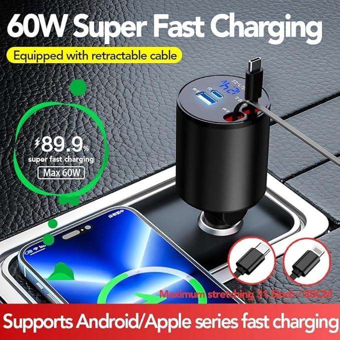Retractable Car Charger, 4 in 1 Super Fast Car Phone Charger 60W, 2 Retractable - Image 4