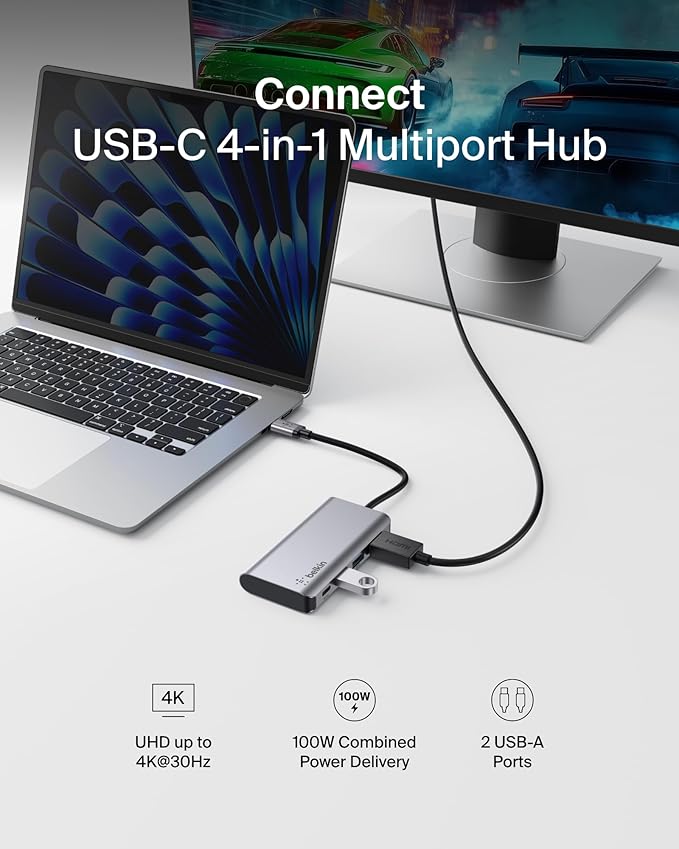 Belkin USB C Hub, 4-in-1 Multi-Port Laptop Dock - Image 2