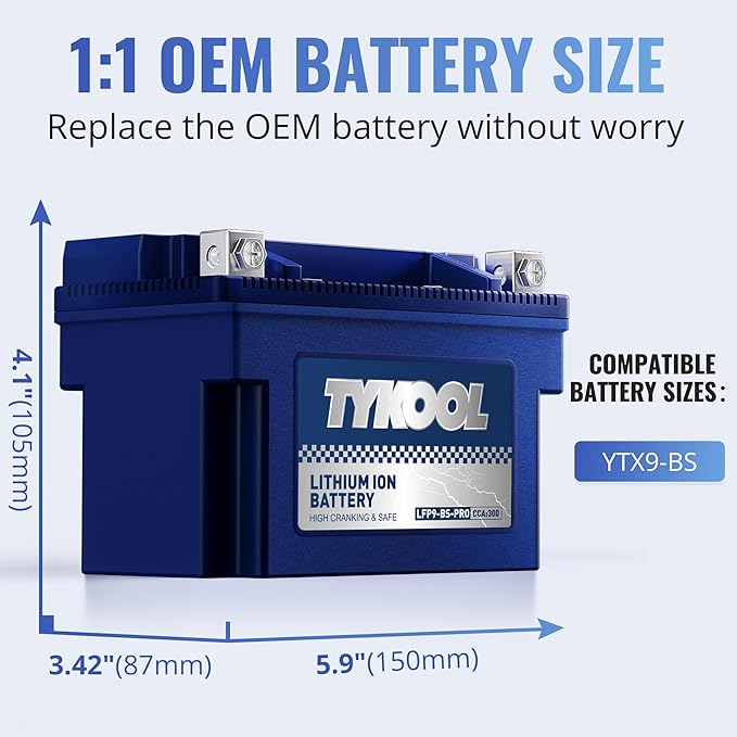 TYKOOL YTX9-BS-PRO, 3X Cranking Amps, 5X Life, Lithium LiFePO4 Motorcycle - Image 4