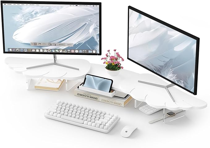 Dual Monitor Stand Riser, Wing-Shaped Sturdy Desktop Wood Stand by AFOOYO