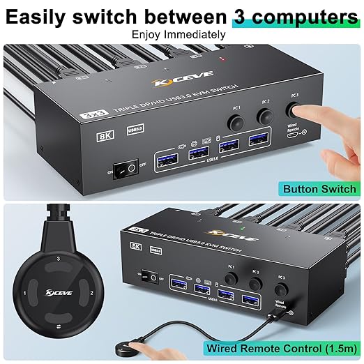 KVM Switch 3 Monitors 3 Computers 8K@60Hz, MLEEDA HDMI + 2* Displayport Triple - Image 5