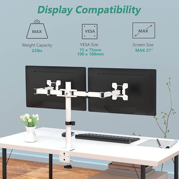 WALI Dual LCD Monitor Fully Adjustable Desk Mount Stand Fits 2 Screens up to 27 - Image 2
