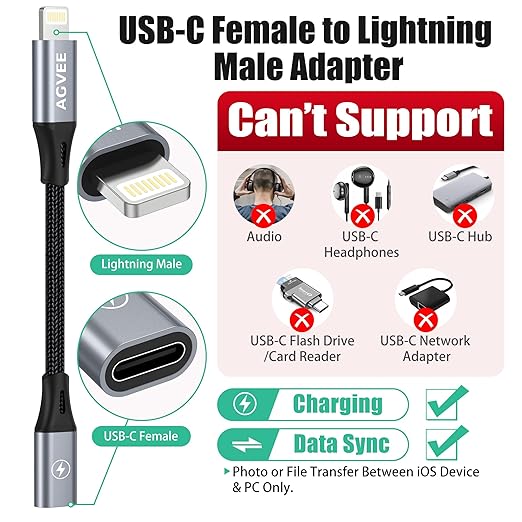AGVEE 2 Pack 4 inch USB-C Female to Lightning Male Adapter, 30W Fast Charging - Image 2