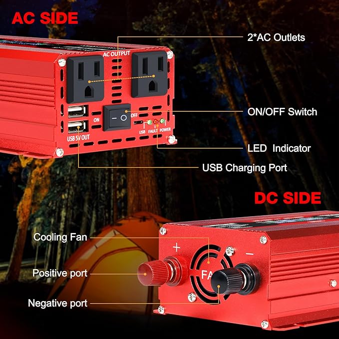 LVYUAN 1000W Car Power Inverter 12V to 110V / 120V DC to AC - Image 2