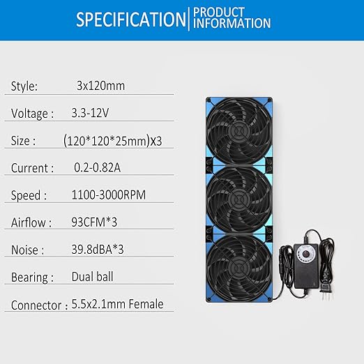 120mmx3 360mm Adjustable Computer PC Vent Fans 3-12V Speed Controller - Image 3