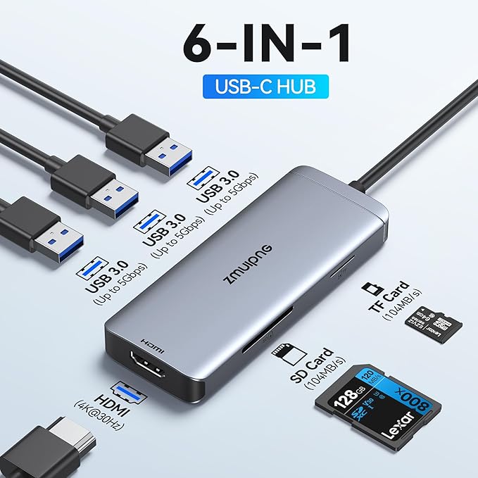 USB C Hub Adapter for MacBook Air, USB-C HD MI Dongle for MacBook Pro, 6 in 1 - Image 2