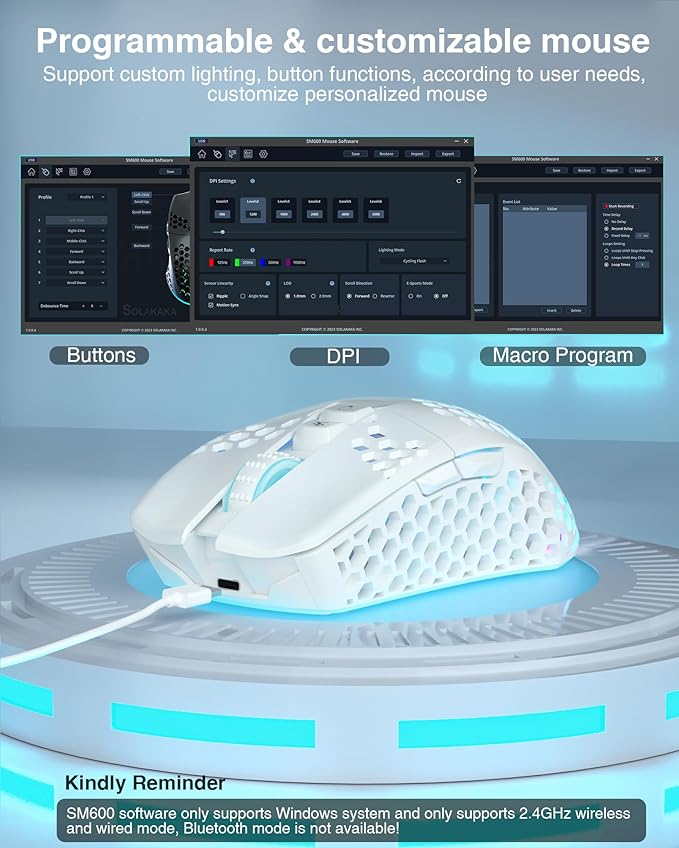 SM600 White Wireless Gaming Mouse, 8000 DPI Tri-Modes BT5.1/Type-C Wired/2.4G - Image 4
