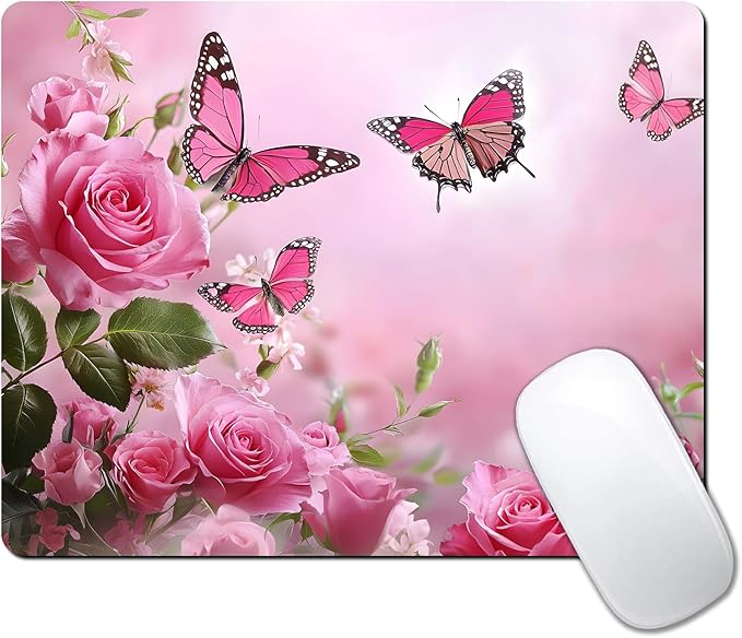 Cute Butterfly Pink Rose Flower Custom Mouse Pad by IMAYONDIA