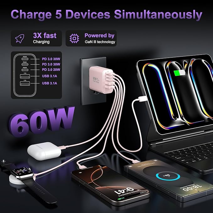 USB C Fast Wall Charger Block, 5-Port PD+QC Power Adapter Multiport Brick Type - Image 3
