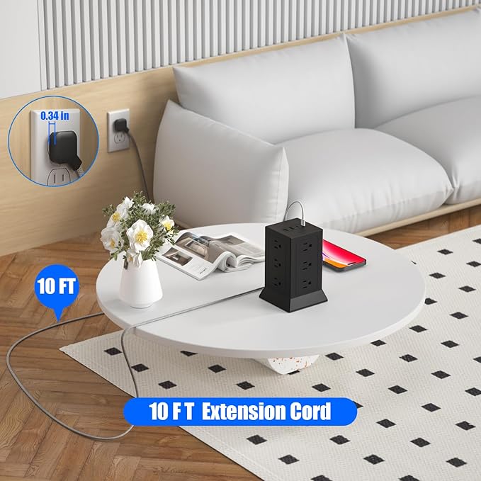 Power Strip Tower with Multiple Outlets, 10 Ft Extension Cord Flat Plug with 12 - Image 3