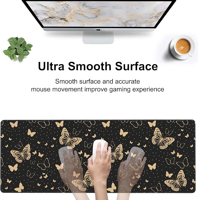 Golden Butterflies Desk Mat, Large Butterfly and Round Spots Gaming Keyboard - Image 5