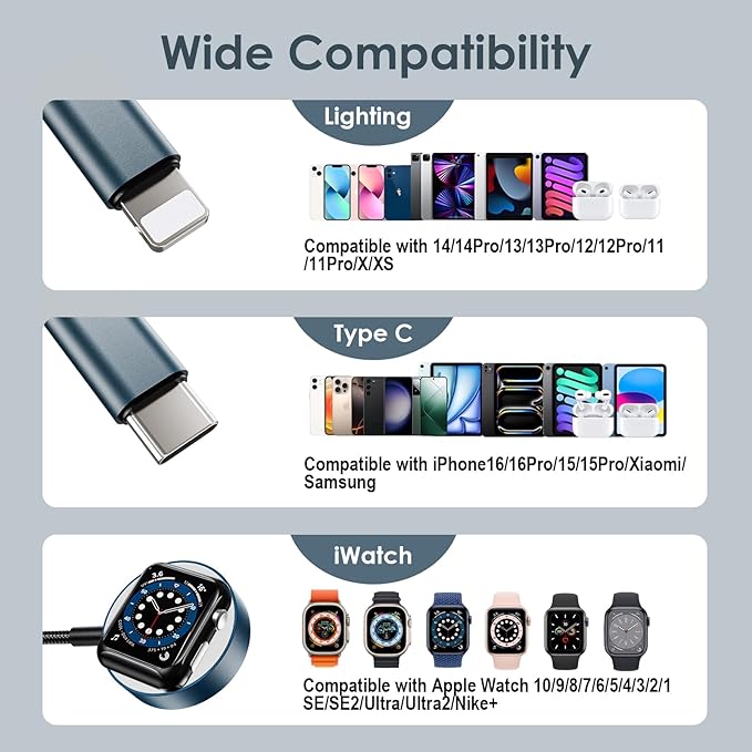 5FT Travel Essentials for Apple Watch Charger 3 in 2 Multi Fast Charging Cable - Image 5