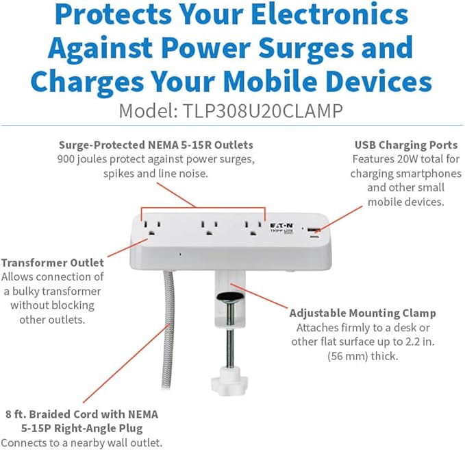 Eaton Tripp Lite Series Desk Clamp Power Strip Surge Protector, USB-A & USB-C - Image 2