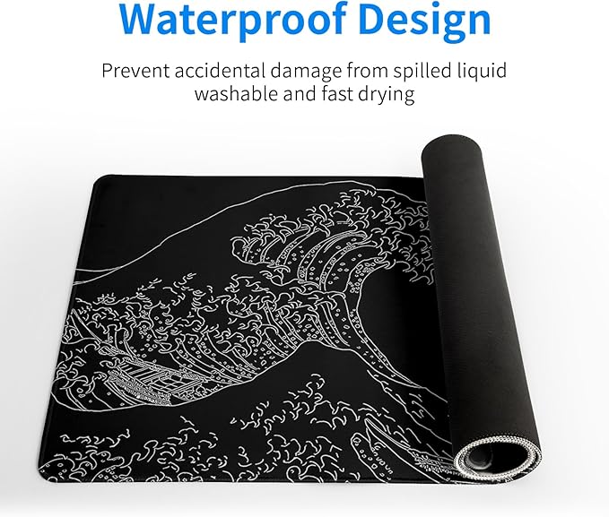 Japanese Sea Wave Large Mouse Pad Abstract Black Mouse Pad 31.5x11.8 Inch Black - Image 4