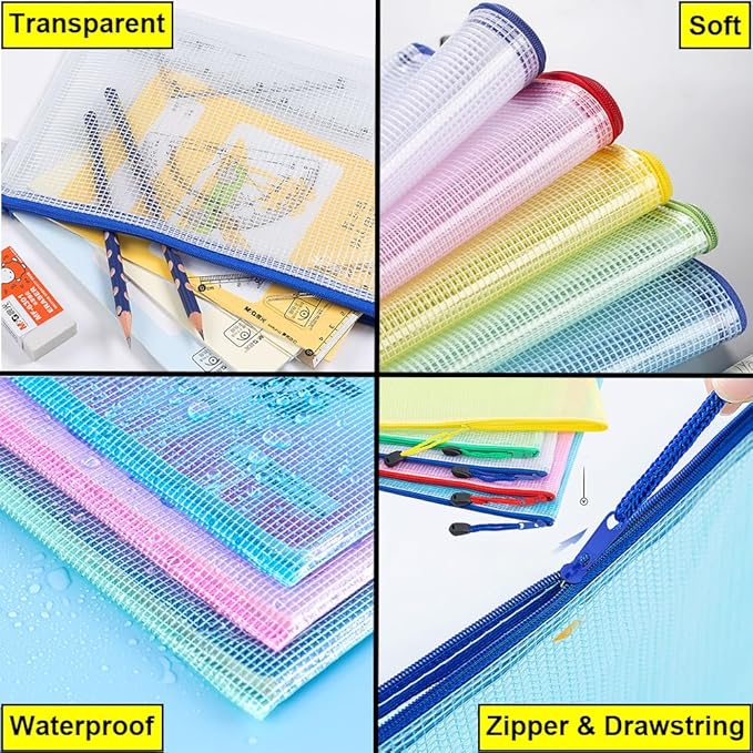 AUSTARK 10 Pcs Zipper File Bags, Waterproof Plastic Mesh Pouch - Image 3