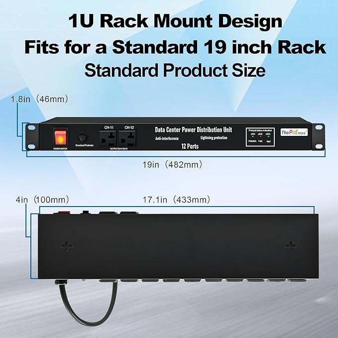 1U PDU Network Servers Surge Protector Power Distribution Unit 12-Outlet - Image 7