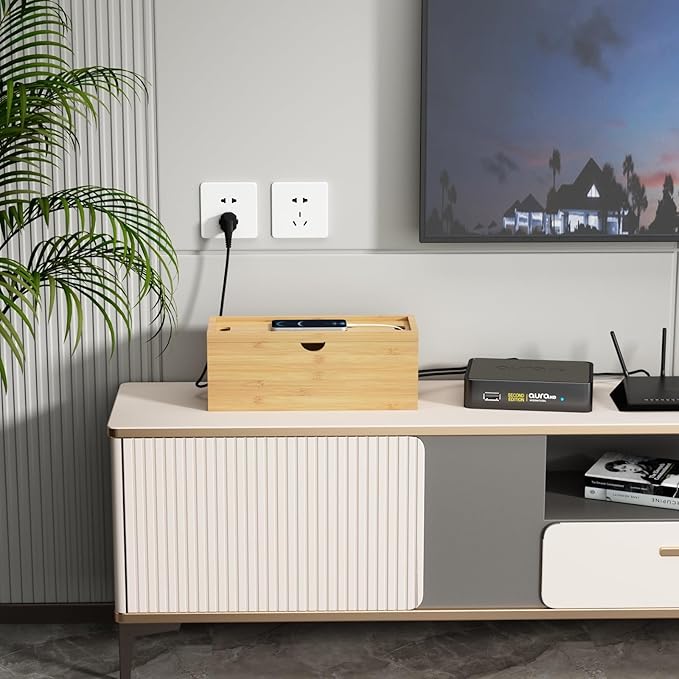 Bamboo Cable Management Box, Medium Cord Organizer Box Cable Box to Hide Wires - Image 6