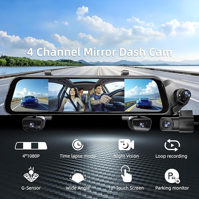 2025 Rear View Mirror Camera, 4 Channel Mirror Dash cam Front and Rear 24/7 - Image 2