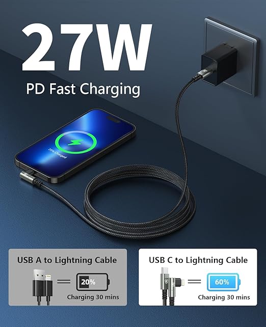 USB C to Lightning Cable 10FT 3Pack Long iPhone Charger Cable 90 Degree i Phone - Image 2