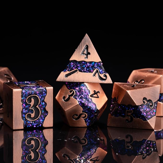 Polyhedral Metal Dice DND, RPG Purple Glitter Stripe Dice Set, Antique Copper - Image 2