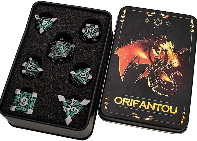 7PCS Metal DND Dice Set with Box, Debris RPG Green D and D Dice - Image 6
