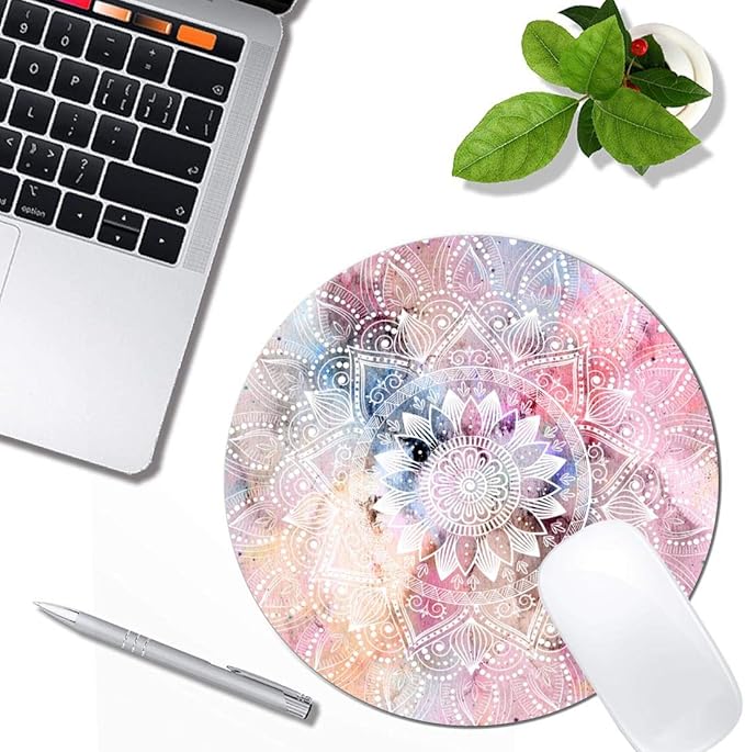 White Watercolor Mandala Mouse Pad Round Non-Slip Rubber Mousepad Laptop Office - Image 4