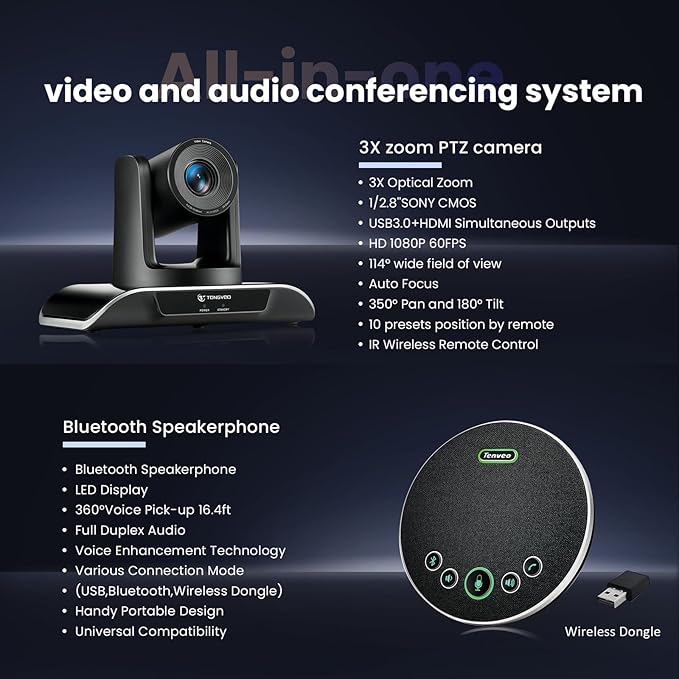 TONGVEO All-in-One Conference Room Video Camera System Bundle HD 1080P 60fps 3X - Image 2