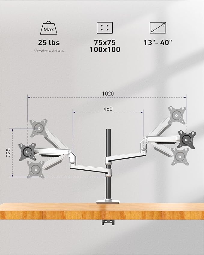 Quad Monitor Mount, Holds Screens up to 40 Inches and 25 lbs, Fully Adjustable - Image 2