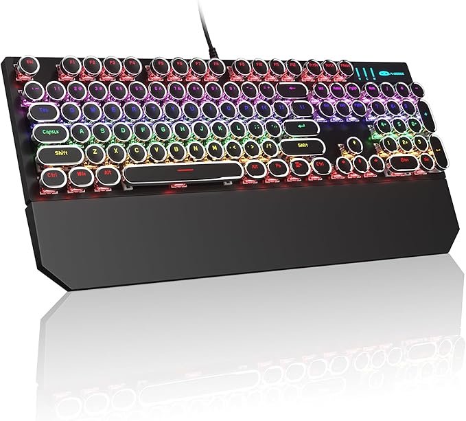 MageGee Typewriter Mechanical Gaming Keyboard, Retro Black Punk Round Keycaps by MageGee