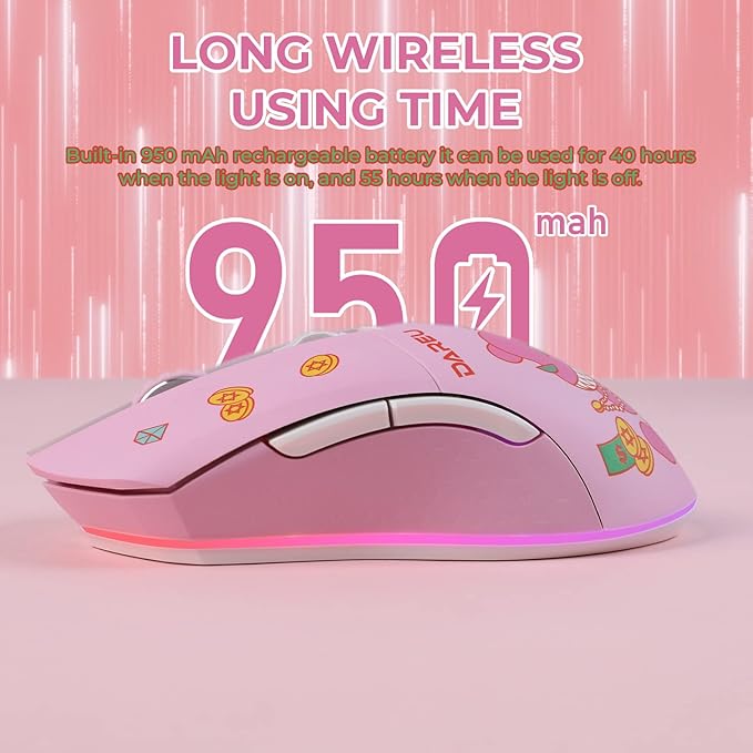 DAREU Pink Wireless Wired Gaming Mouse, Dual-Mode Rechargeable 7 Programmable - Image 4