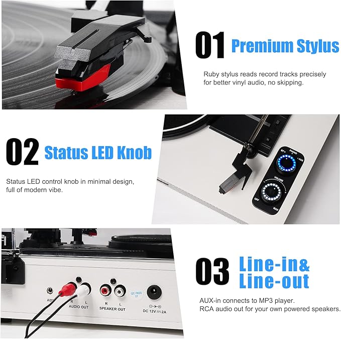 Vinyl Record Player with External Speakers, 3 Speed Vintage Belt Drive - Image 5