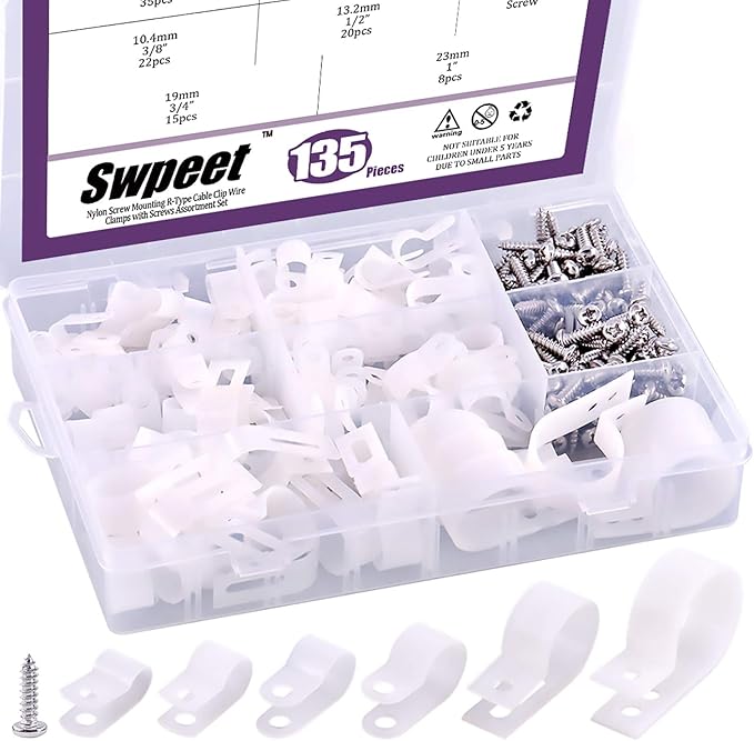 Swpeet 135 Pack 6 Sizes White Nylon Plastic R-Type Cable Clips Clamp Assortment by Swpeet