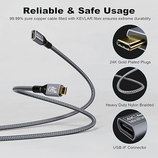 CABLEDECONN USB C 3.2 Gen-2 Extension Cable 0.5M 1.6FT Thunderbolt 3 240W Fast - Image 6