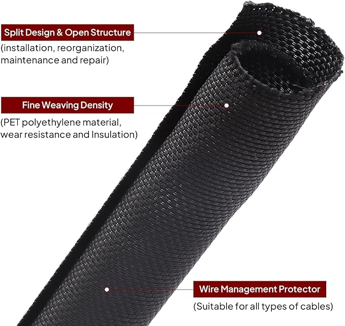 Black Braided Cable Management Sleeves Wire Loom Tubing Cord Protector - Image 7