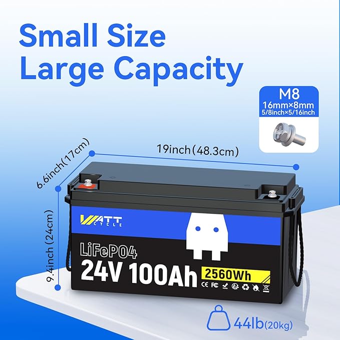24V 100Ah LiFePO4 Lithium Rechargeable Battery, Max.2560Wh, Built-in 100A BMS - Image 2