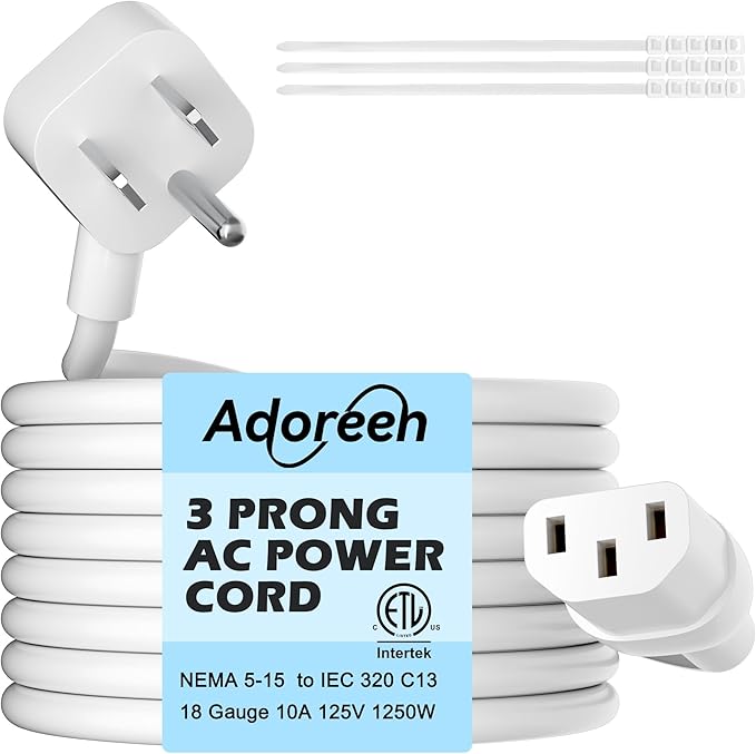 Adoreen 2 Ft Computer TV Replacement Power Cord White, Low Profile Flat Plug by Adoreen
