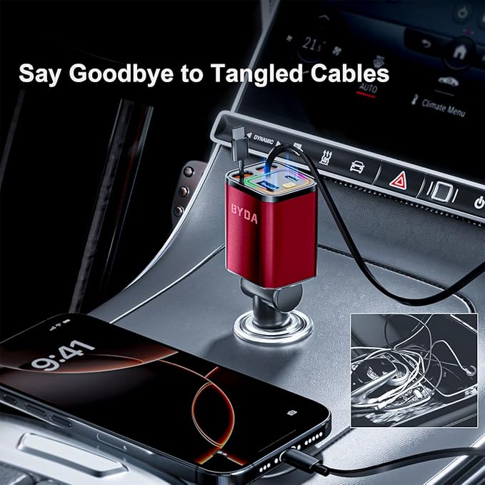 4 in 1 Retractable Car Charger, 69W Car Charger USB C, Cigarette Lighter Adapter - Image 4