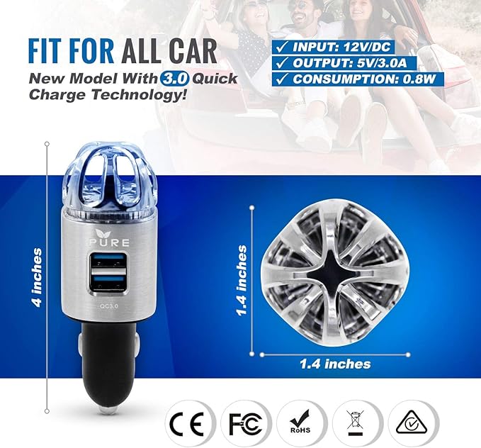 Car Air Purifier 3in1 Premium Stainless Steel Air Filter Ionizer w/Dual USB - Image 3