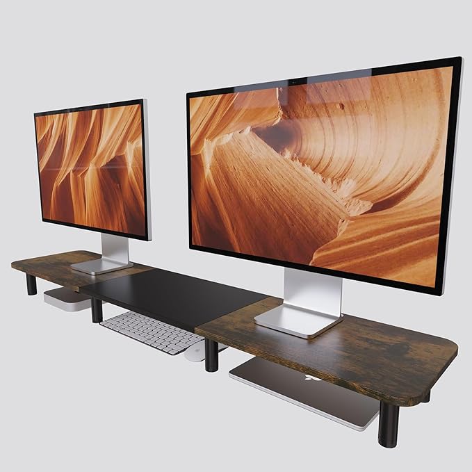 43.7" Extra Long Dual Monitor Stand Riser, Wood & Steel Monitor Stand by WEGASTU