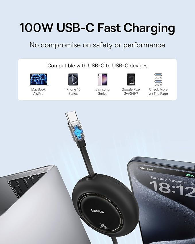Baseus USB C to USB C Cable, 100W 6.6ft Retractable USB C Fast Charging Cable - Image 2