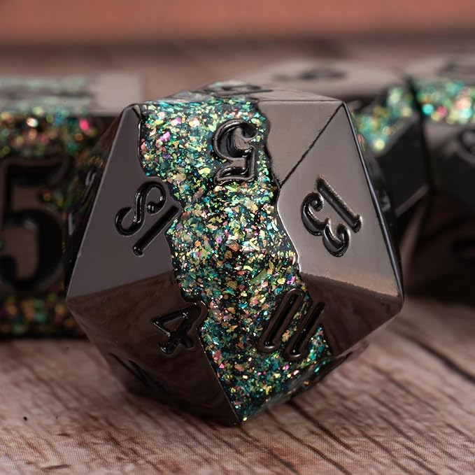 Black Glitter Metal Dice Set, Polyhedral Stripe DND Dice Set - Image 3