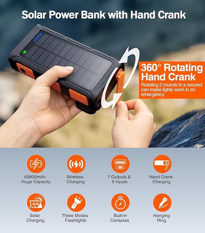 GOODaaa Power Bank Wireless Charger 45800mAh Built in Hand Crank and 4 Cables - Image 3