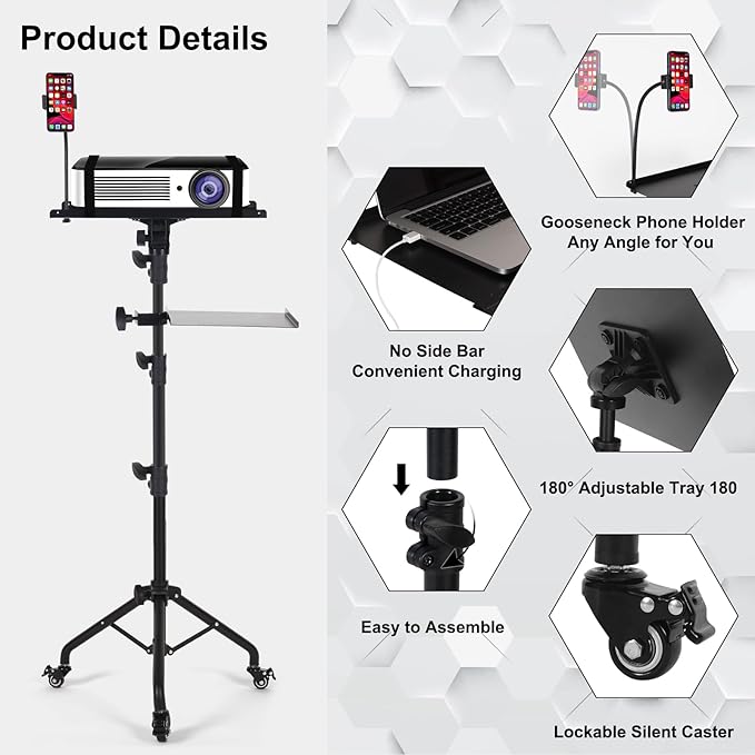 Laptop Tripod on Wheels with 2 Shelves, Portable Projector Floor Stand - Image 6