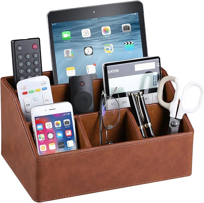 PU Leather Desk Organizer, Luxury Remote Control Holder by MEIBOOCH