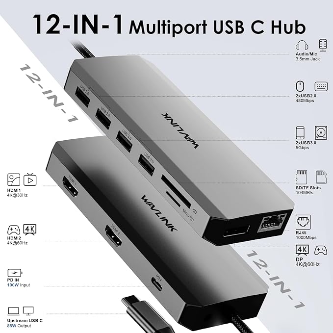 WAVLINK USB C Docking Station Dual Monitor, Triple Display, USB C to 2 HDMI - Image 2