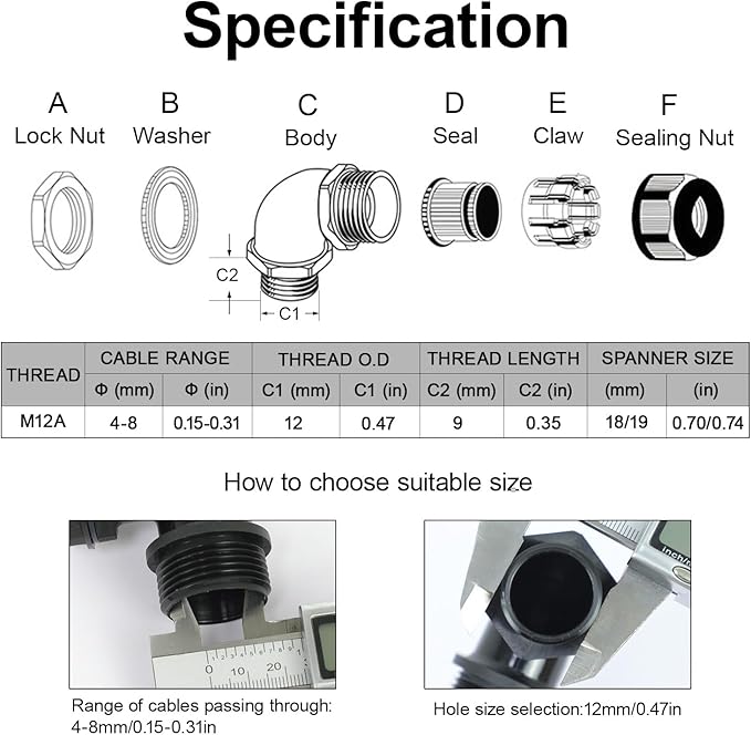 LeMotech M12 Cable Gland, 90 Degree Adjustable 4-8mm Strain Relief, Cord - Image 2