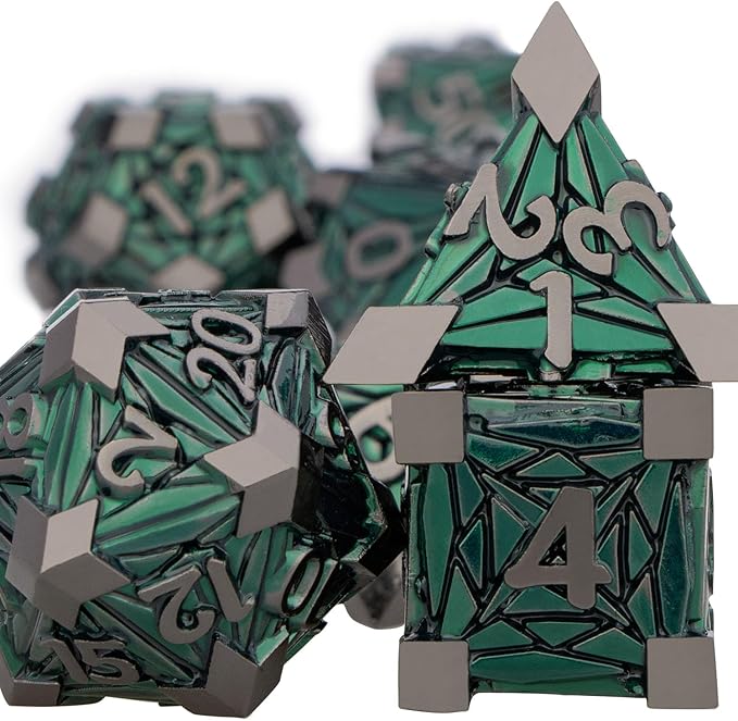 7PCS Metal DND Dice Set with Box, Debris RPG Green D and D Dice - Image 2