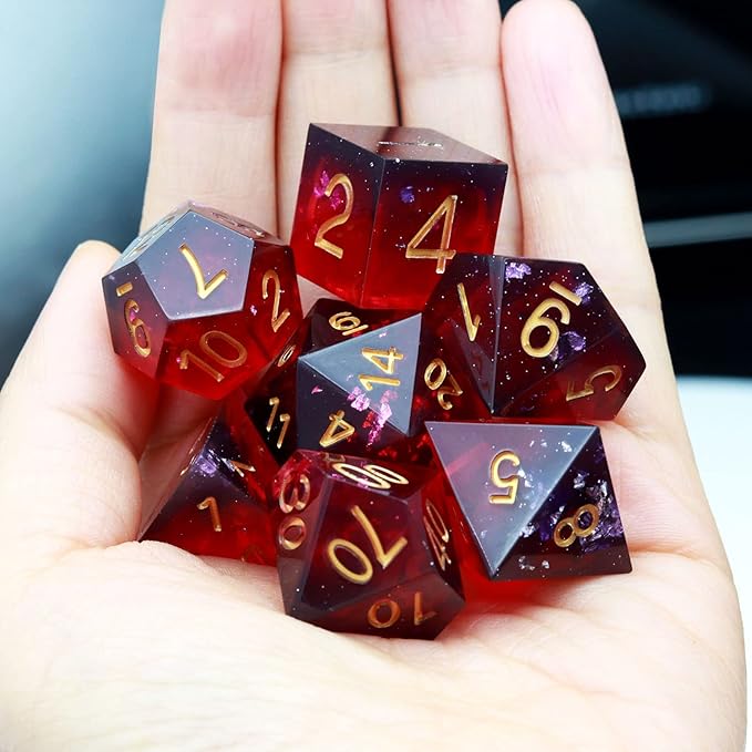 Haxtec Sharp Edge DND Dice Set Purple Red Resin Dice Silver Flakes D&D Dice - Image 5