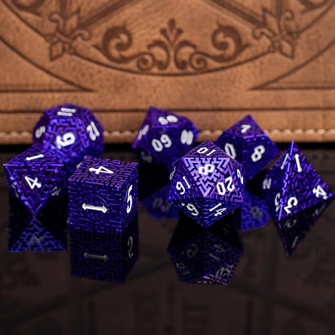 Purple Metal Hollow DND Dice Set Metallic Luster Maze Design - Image 2